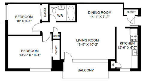 A black and white image of a floor plan for a home with a living room, dining room, kitchen, and two bedrooms.
