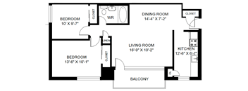 A black and white image of a floor plan for a home with a living room, dining room, kitchen, and two bedrooms.
