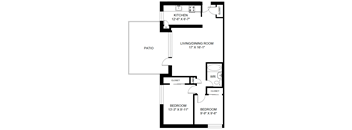 A floor plan of a home with a kitchen, living/dining room, two bedrooms, and a patio.