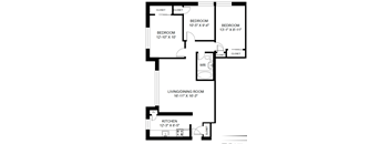 A black and white image of a house floor plan with four bedrooms, a living/dining room, a kitchen, and a workroom.