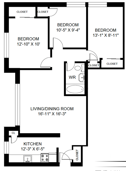 A black and white image of a house floor plan with four bedrooms, a living/dining room, a kitchen, and a workroom.