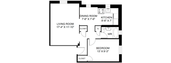 A floor plan of a house with a living room, dining room, kitchen, and bedroom.