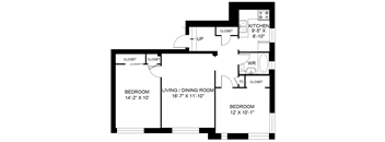 A black and white image of a floor plan for a home with three bedrooms, a living/dining room, a kitchen, and a workroom.
