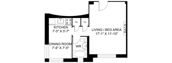 A floor plan of a living space with a kitchen, dining room, and living/bed area.