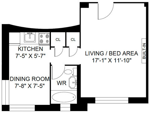 A floor plan of a living space with a kitchen, dining room, and living/bed area.
