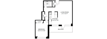 A black and white image of a floor plan for a living room, kitchen, and bedroom.