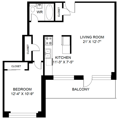 A black and white image of a floor plan for a living room, kitchen, and bedroom.