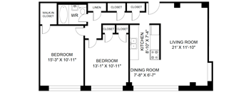 A black and white image of a floor plan for a home with a living room, two bedrooms, a dining room, and a kitchen.