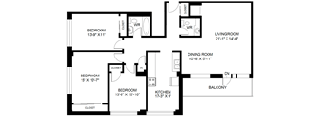 A black and white image of a floor plan for a house with four bedrooms, a living room, a dining room, a kitchen, and a balcony.
