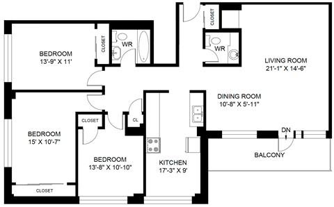 A black and white image of a floor plan for a house with four bedrooms, a living room, a dining room, a kitchen, and a balcony.