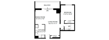 A black and white image of a floor plan for a house with a balcony, bedroom, dining room, living room, and kitchen.