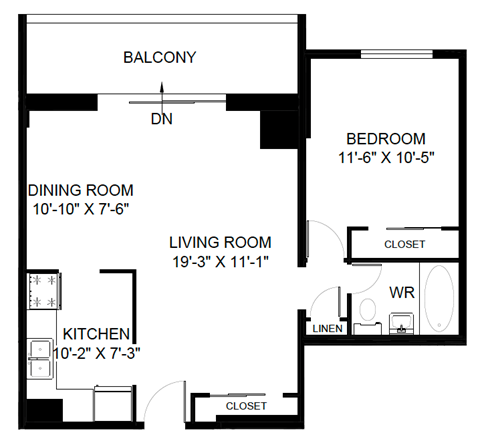 A black and white image of a floor plan for a house with a balcony, bedroom, dining room, living room, and kitchen.