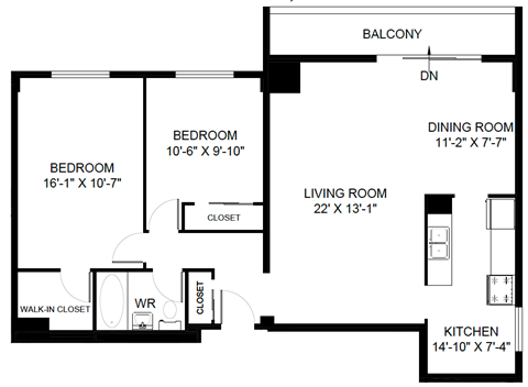A black and white image of a house floor plan.
