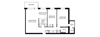 A floor plan of a home with a living room, dining room, two bedrooms, a kitchen, and a balcony.