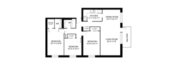 A black and white image of a floor plan for a house with a living room, dining room, kitchen, and three bedrooms.