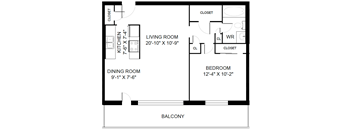 A black and white image of a floor plan for a small apartment.