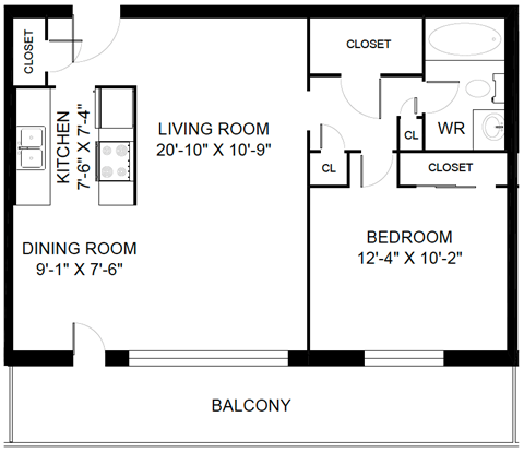 A black and white image of a floor plan for a small apartment.