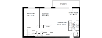 A black and white image of a floor plan for a house with a balcony.