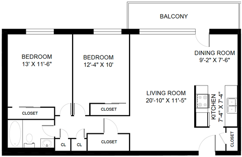 A black and white image of a floor plan for a house with a balcony.