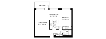 A floor plan of a small apartment with a living room, dining room, bedroom, and kitchen.
