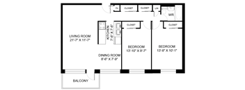 A black and white image of a floor plan for a home with a living room, dining room, kitchen, and two bedrooms.