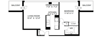 A floor plan of a home with a living room, dining room, kitchen, and two bedrooms.