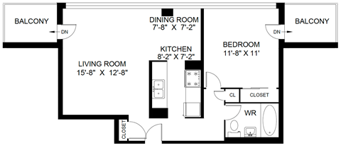A floor plan of a home with a living room, dining room, kitchen, and two bedrooms.
