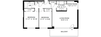 A floor plan of a living space with a kitchen, dining room, and two bedrooms.