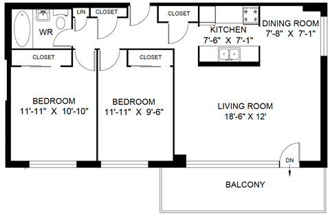 A floor plan of a living space with a kitchen, dining room, and two bedrooms.