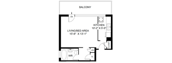 A black and white drawing of a house layout with a living/bed area and kitchen.