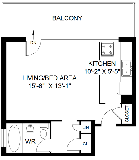 A black and white drawing of a house layout with a living/bed area and kitchen.