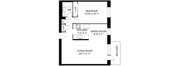 A black and white image of a floor plan for a bedroom, kitchen, dining room, living room, and balcony.
