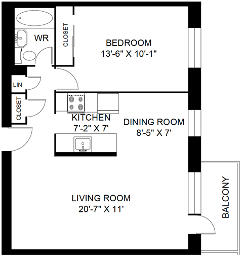 A black and white image of a floor plan for a bedroom, kitchen, dining room, living room, and balcony.
