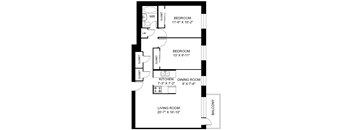 A floor plan of a small apartment with a living room, two bedrooms, a kitchen and a dining room.