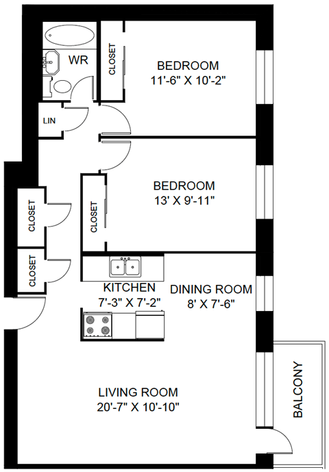 A floor plan of a small apartment with a living room, two bedrooms, a kitchen and a dining room.