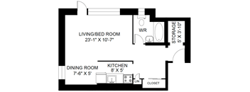 A floor plan of a small apartment with a living/bedroom, dining room, kitchen, and storage.