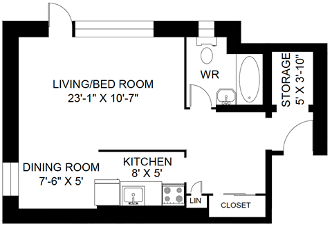 A floor plan of a small apartment with a living/bedroom, dining room, kitchen, and storage.