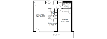 A black and white image of a floor plan for a living space.