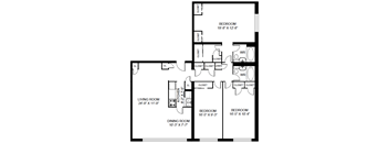 A black and white image of a floor plan for a home with a living room, dining room, kitchen, and three bedrooms.