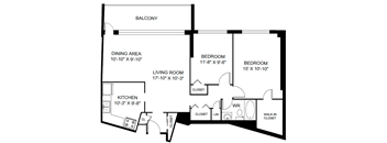 A black and white image of a floor plan for a home with a balcony, two bedrooms, a living room, a dining area, a kitchen, a walk-in closet, and a workroom.