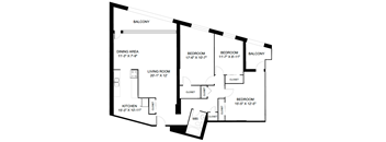 A black and white image of a house floor plan with a balcony, dining area, living room, kitchen, and four bedrooms.