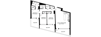 A black and white image of a floor plan for a home with four bedrooms, two bathrooms, a living room, a kitchen, a balcony, and a walk-in closet.