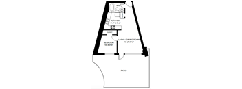 A floor plan of a home with a kitchen, living room, bedroom, and patio.