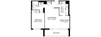 A black and white image of a floor plan for a living space.