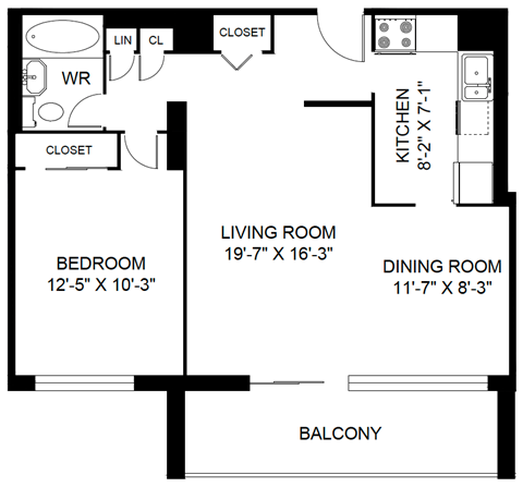 A black and white image of a floor plan for a living space.