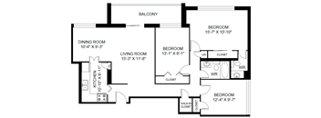 A floor plan of a home with a living room, dining room, kitchen, and three bedrooms.