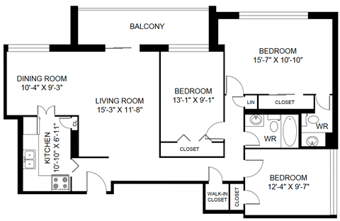 A floor plan of a home with a living room, dining room, kitchen, and three bedrooms.