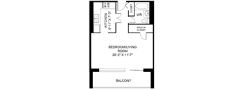 A black and white image of a floor plan for a bedroom/living room with a kitchen and walk-in closet.