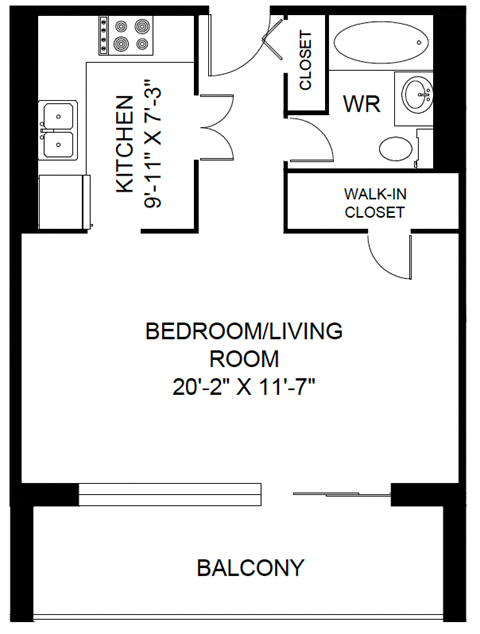 A black and white image of a floor plan for a bedroom/living room with a kitchen and walk-in closet.