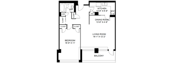 A black and white floor plan of a house with a kitchen, dining room, living room, bedroom, and balcony.